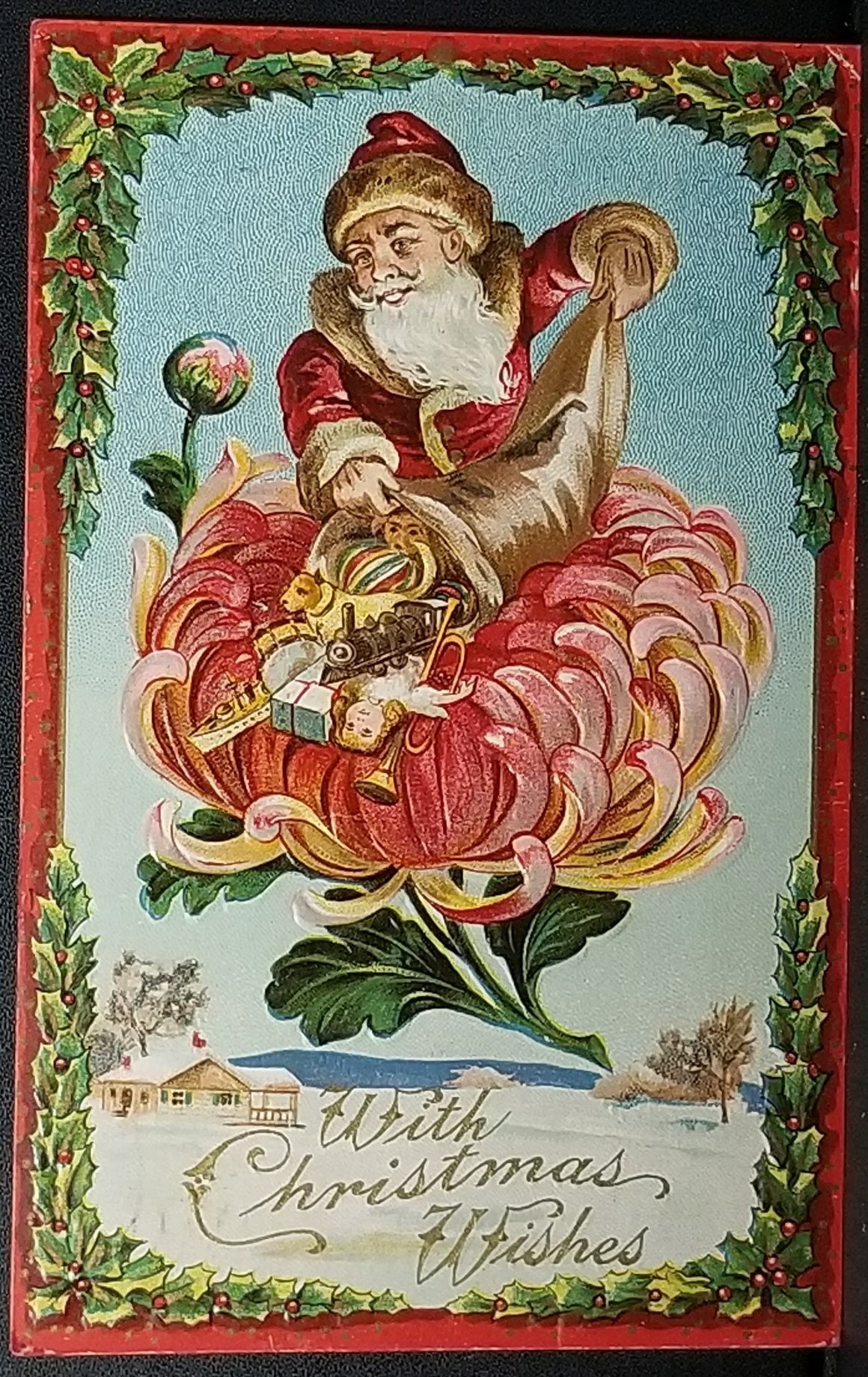 Christmas Postcard Santa Claus in Floating Chrysanthemum Spilling Toy Bag Series 136