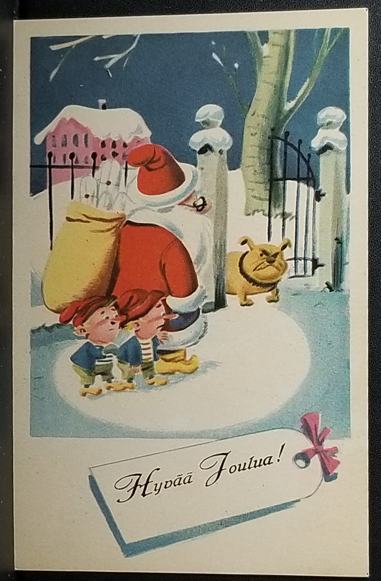 Christmas Postcard Finnish Santa Claus with Elves Walking to Home with Angry Dog Waiting