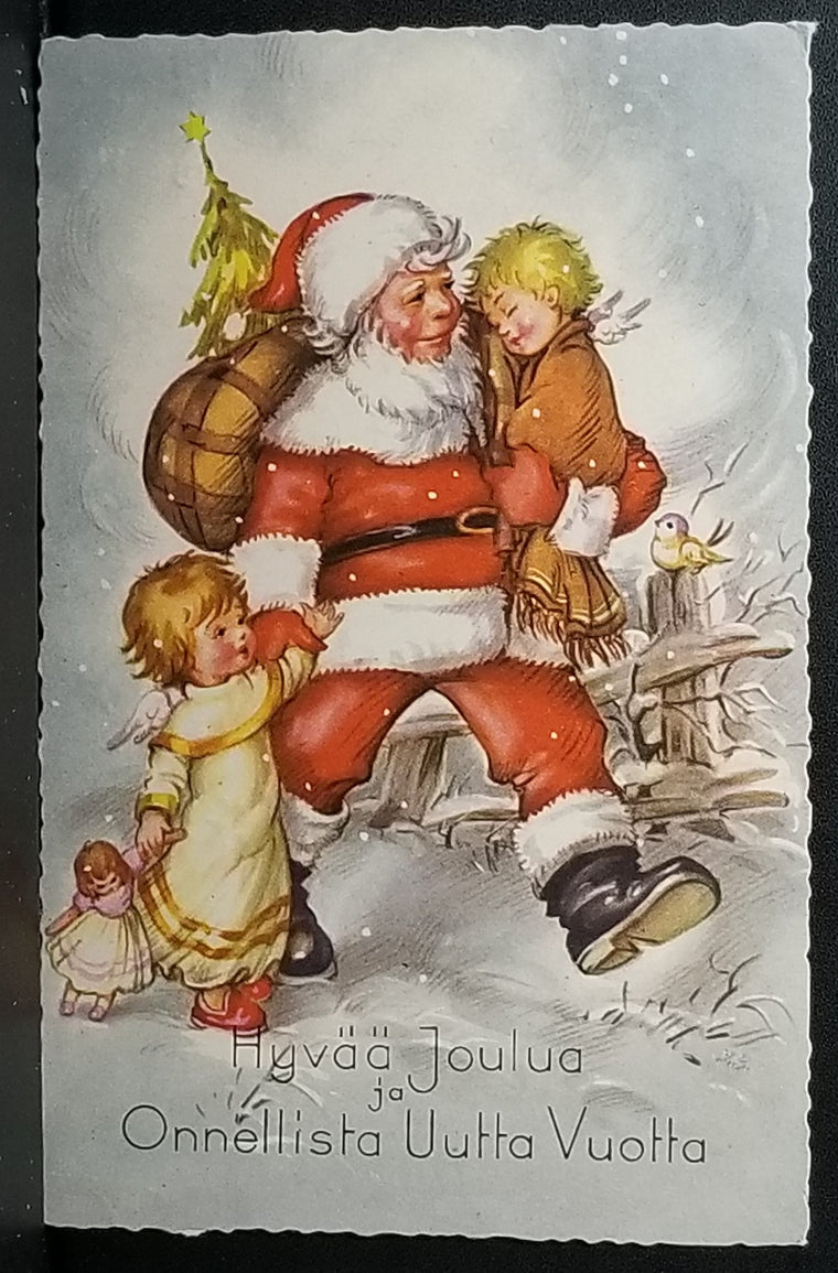 Christmas Postcard Finnish Santa Claus Carrying Young Children Through the Snow