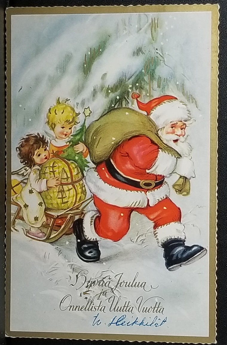 Christmas Postcard Finnish Santa Claus with Young Children Pulling Sled Through the Snow