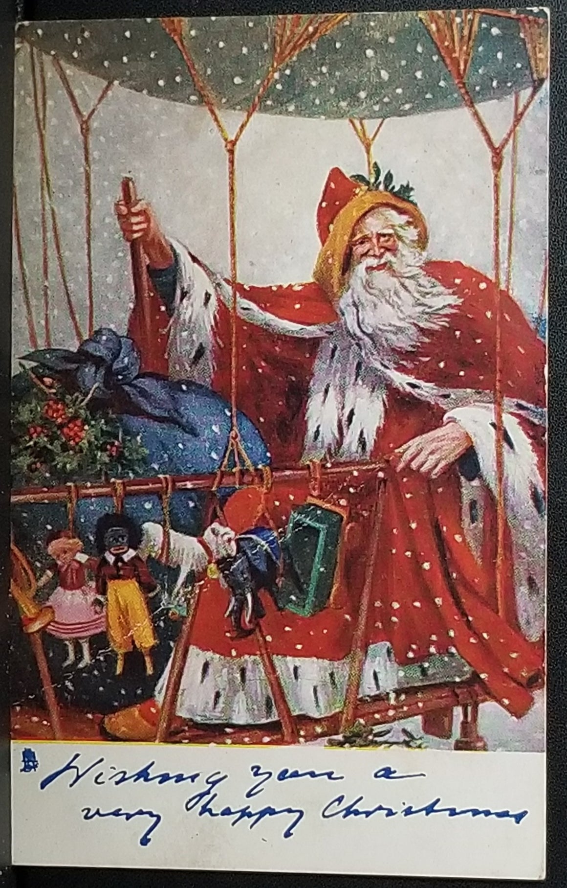 Christmas Postcard Santa Claus in Covered Hot Air Balloon Sleigh with Golliwog Doll Raphael Tuck Oilette Series I