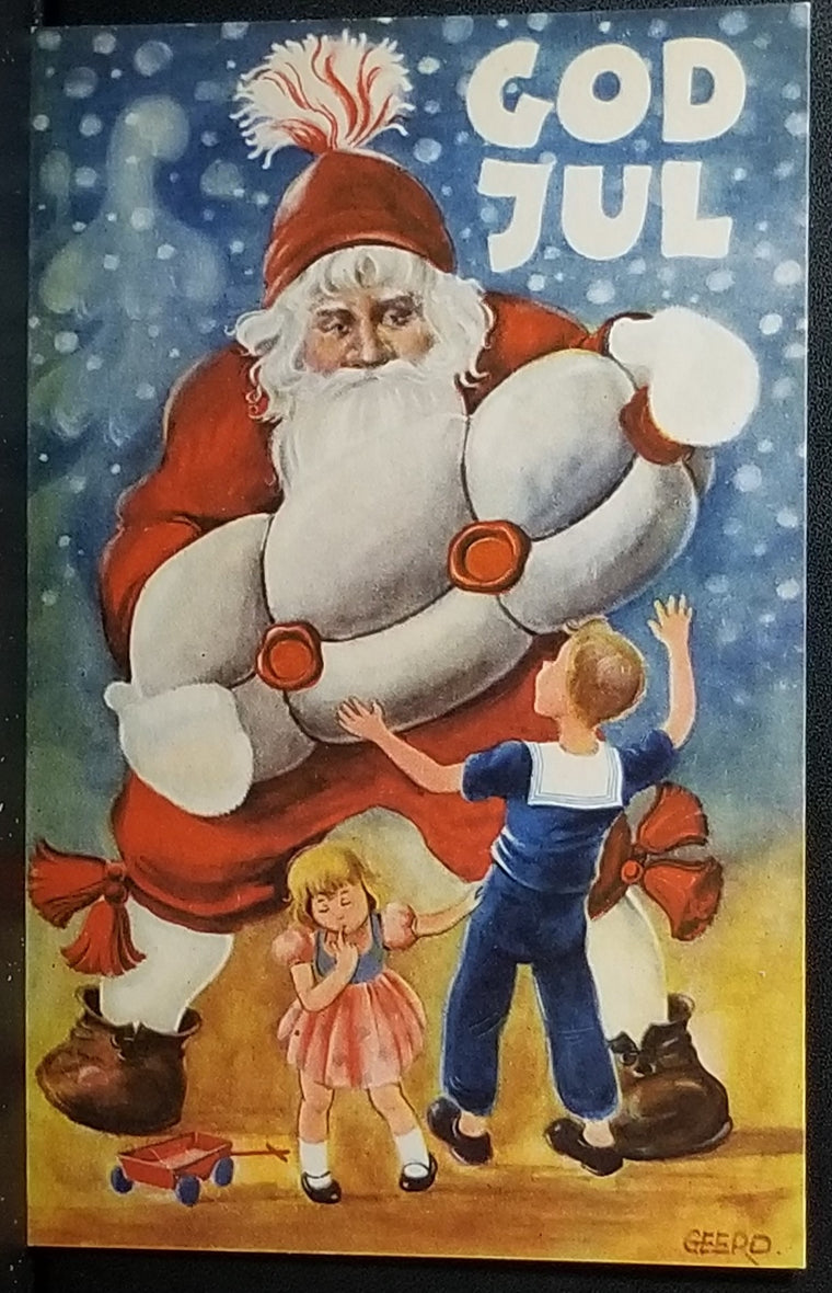 Christmas Postcard Norwegian Card Giant Santa Claus with Bag Standing with Children Artist Signed