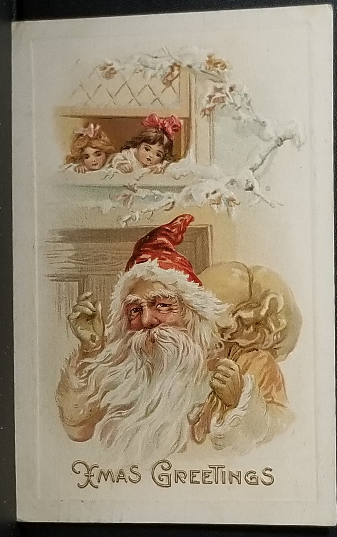 Christmas Postcard Old World Santa Claus Knocking on Door Children In Window Series 586