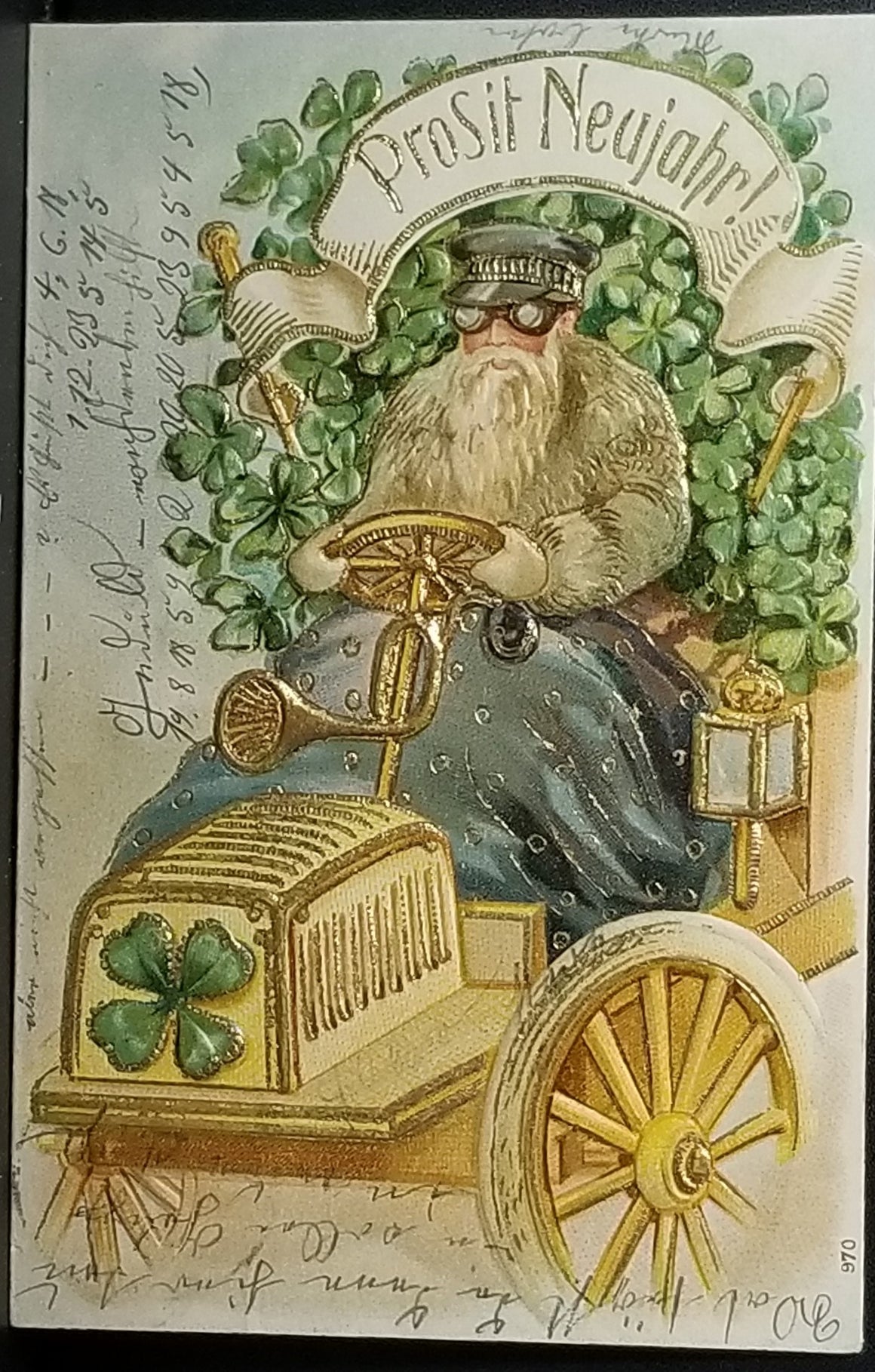 New Year Gold Embossed Father Time in Goggles Driving Old Timey Car Four Leaf Clovers German Greeting