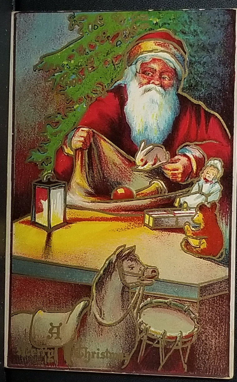 Christmas Postcard Santa Claus with Bag of Toys Rocking Horse in Front of Tree Gold Highlights