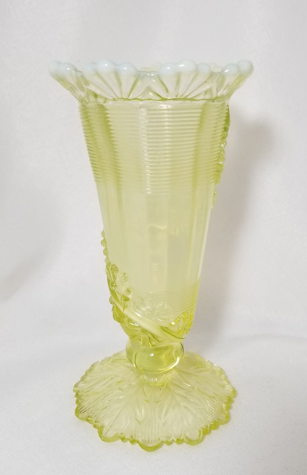 Northwood Glass EAPG Vaseline Canary Opalescent Fluted Scroll & Vine with Flower Band 1899