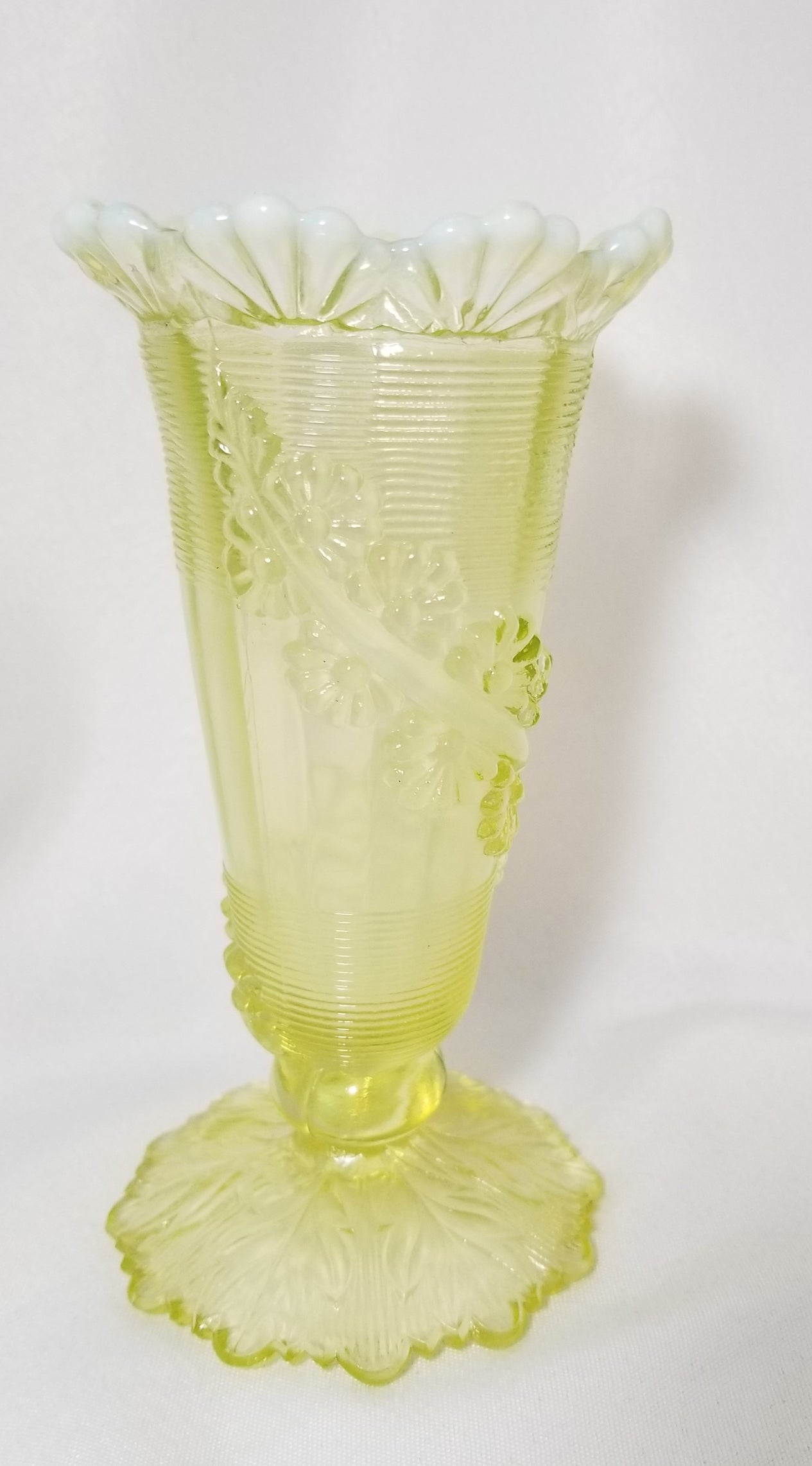 Northwood Glass EAPG Vaseline Canary Opalescent Fluted Scroll & Vine with Flower Band 1899