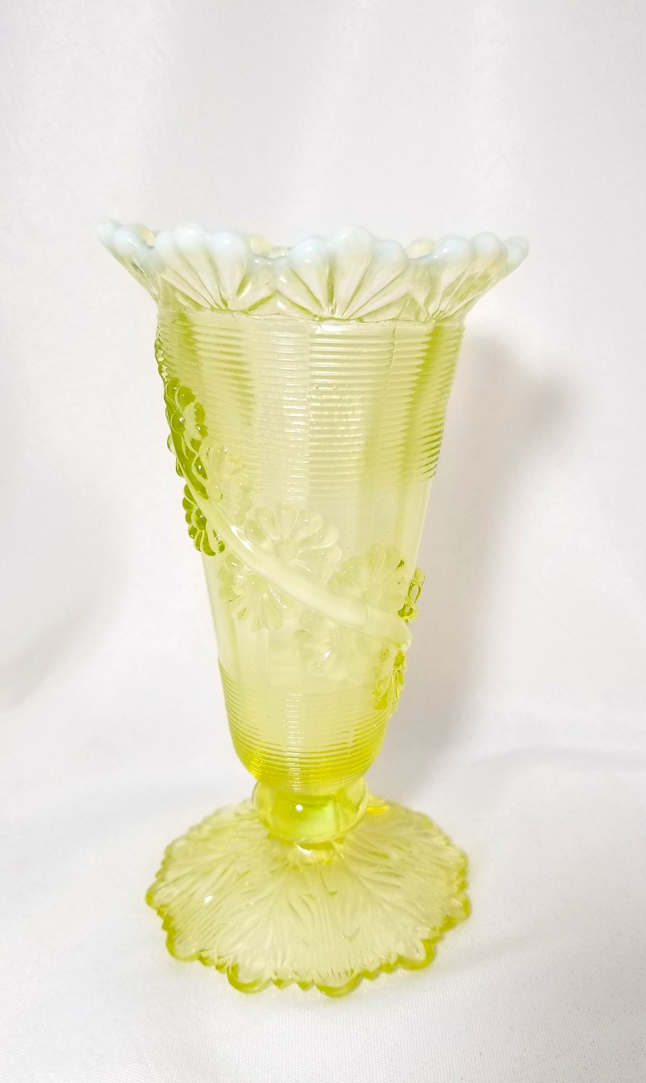 Northwood Glass EAPG Vaseline Canary Opalescent Fluted Scroll & Vine with Flower Band 1899