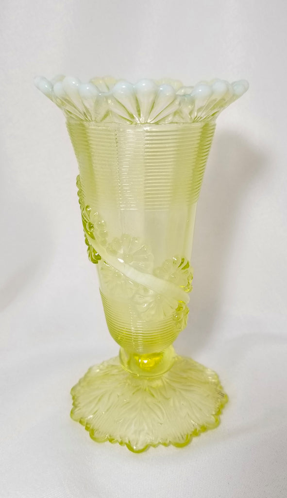 Northwood Glass EAPG Vaseline Canary Opalescent Fluted Scroll & Vine with Flower Band 1899