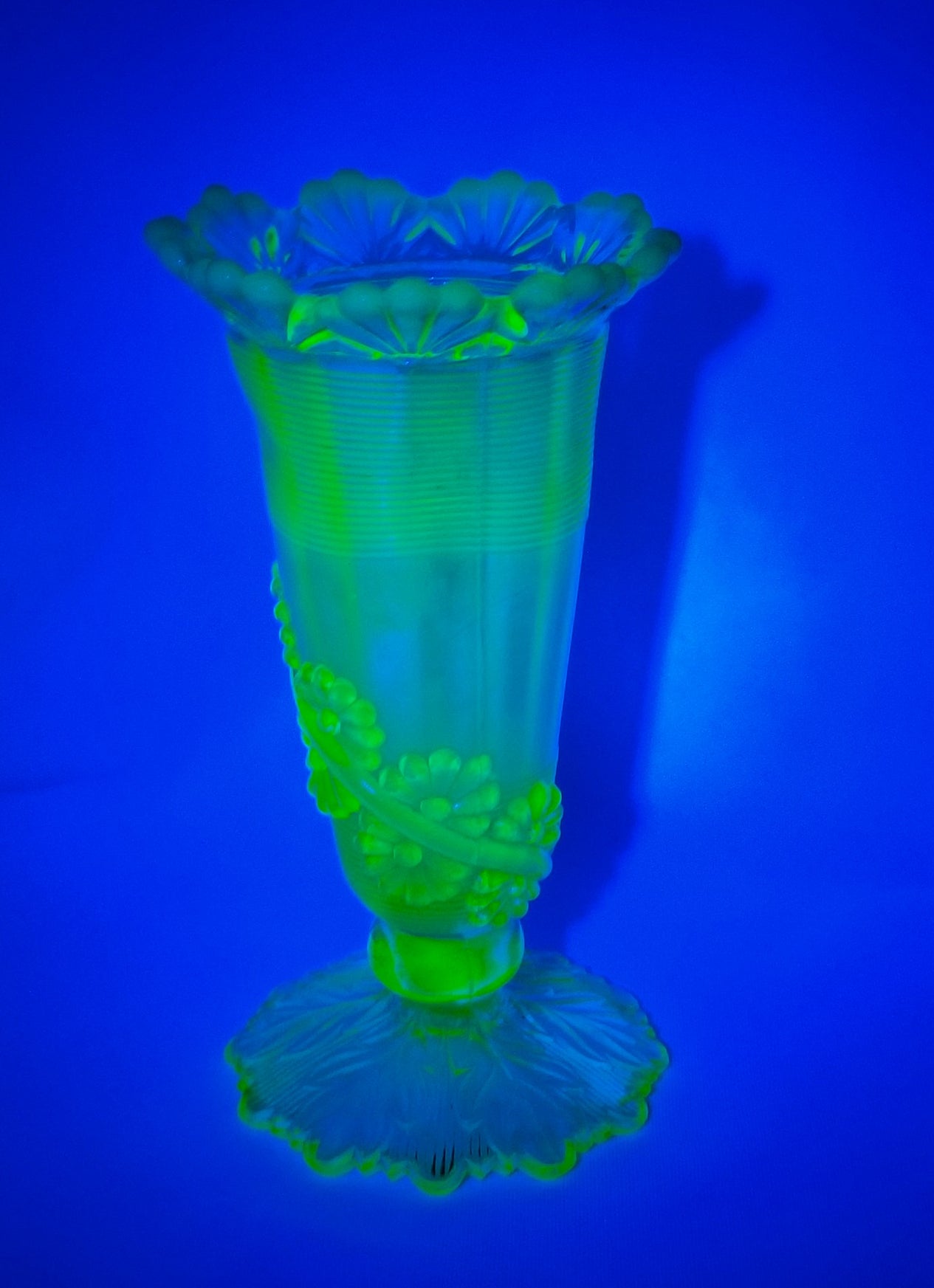 Northwood Glass EAPG Vaseline Canary Opalescent Fluted Scroll & Vine with Flower Band 1899