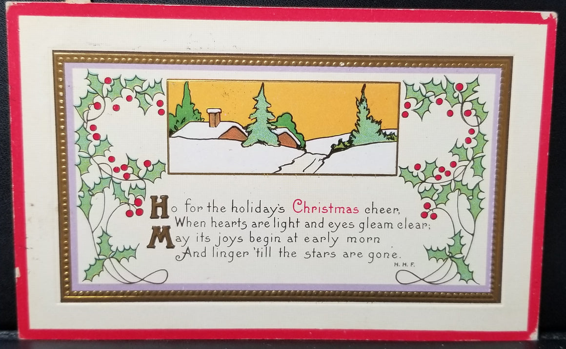 Christmas Postcard Arts Craft Style Holiday Poem Initialed H.H.F. Gold Raised Border