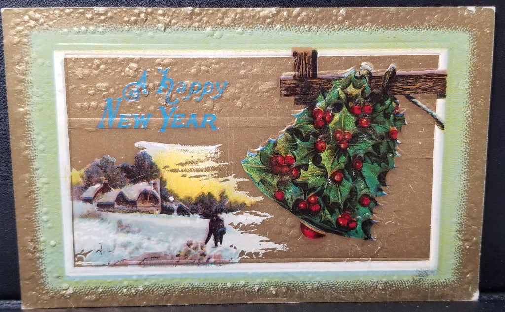 Christmas Postcard Holly Covered Bell with People Ice Skating House in Distance Raised Finish