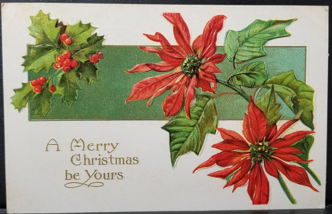 Christmas Postcard Poinsettias and Holly Holiday Good Wishes