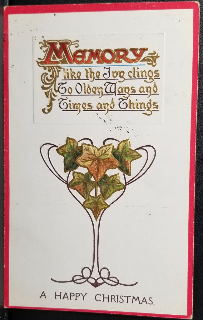 Christmas Postcard Art Nouveau Style Card Entwined Leaves Red Border with Memory Poem