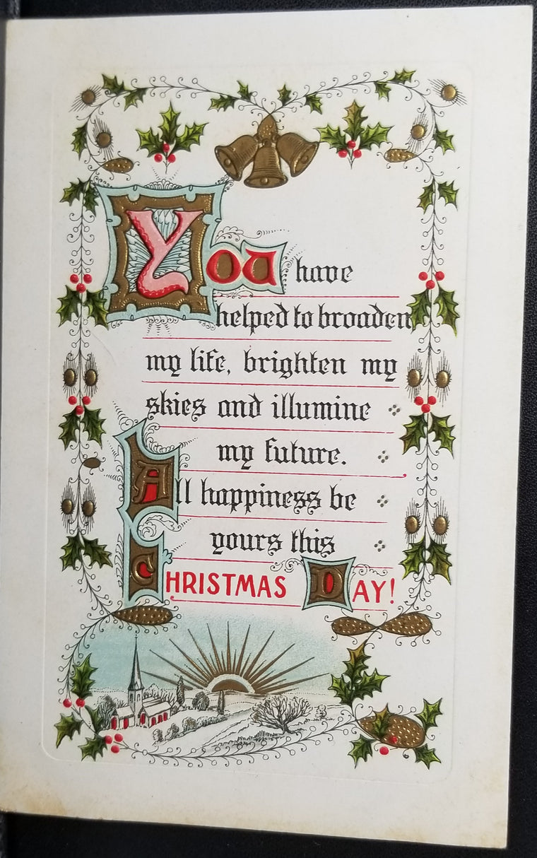 Christmas Postcard Art Nouveau Style Card Gold Embossed Poem with Rising Sun Holly and Bells