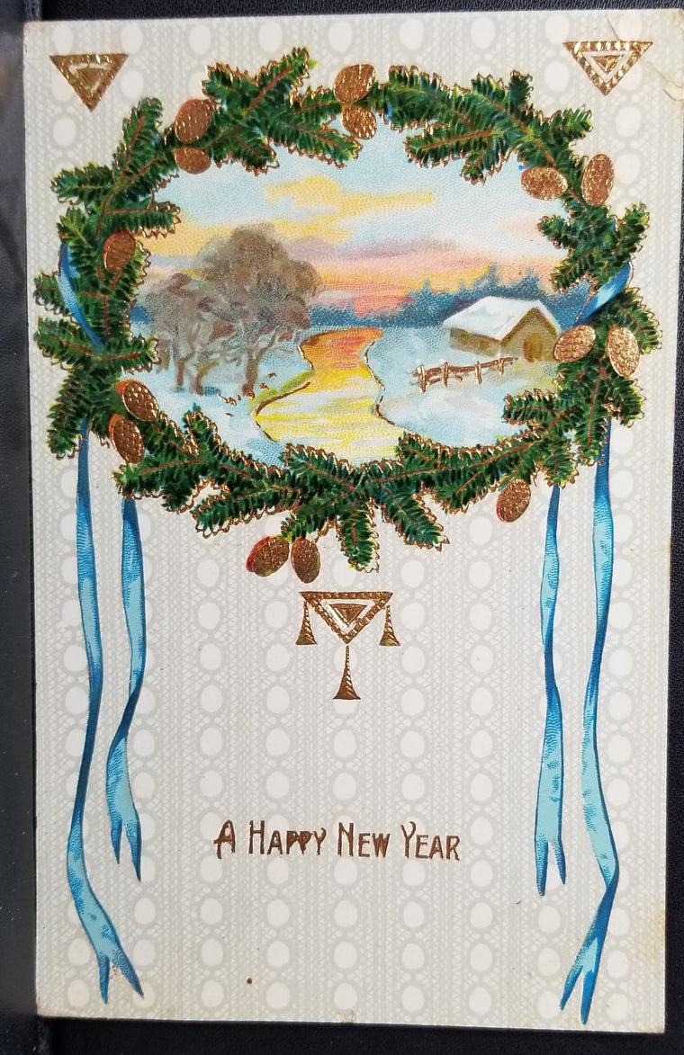 Happy New Year Holiday Postcard Gel Finish Gold Highlights House in Snow Near Ice Covered Stream