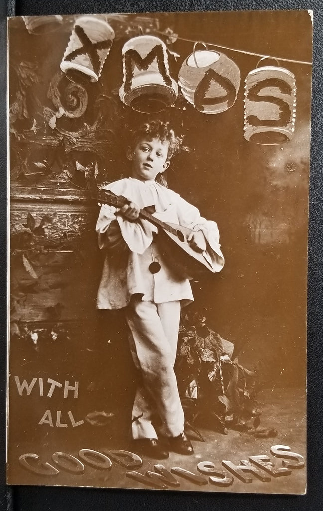 Christmas Postcard Young Boy Playing Lute in Pierrot Costume Real Photo Style Card