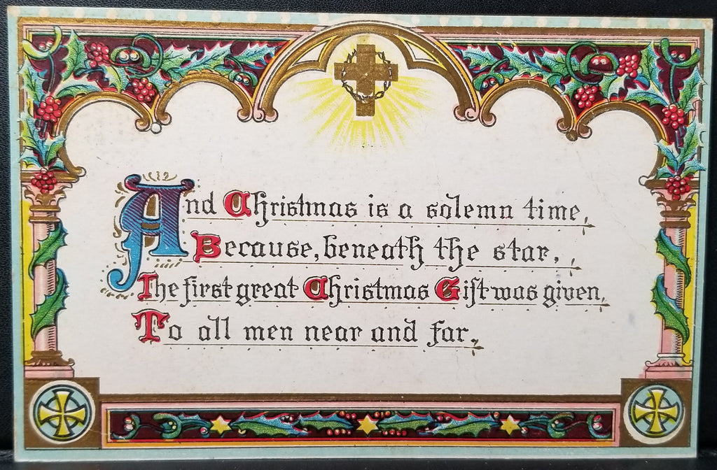 Christmas Postcard Arts Craft Style Poem with Colorful Holly and Gold Border