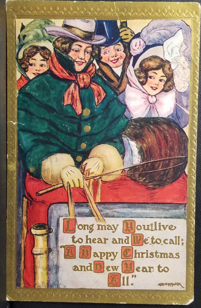 Christmas Postcard Carolers in Red Sleigh Gold Border Poem by Miller