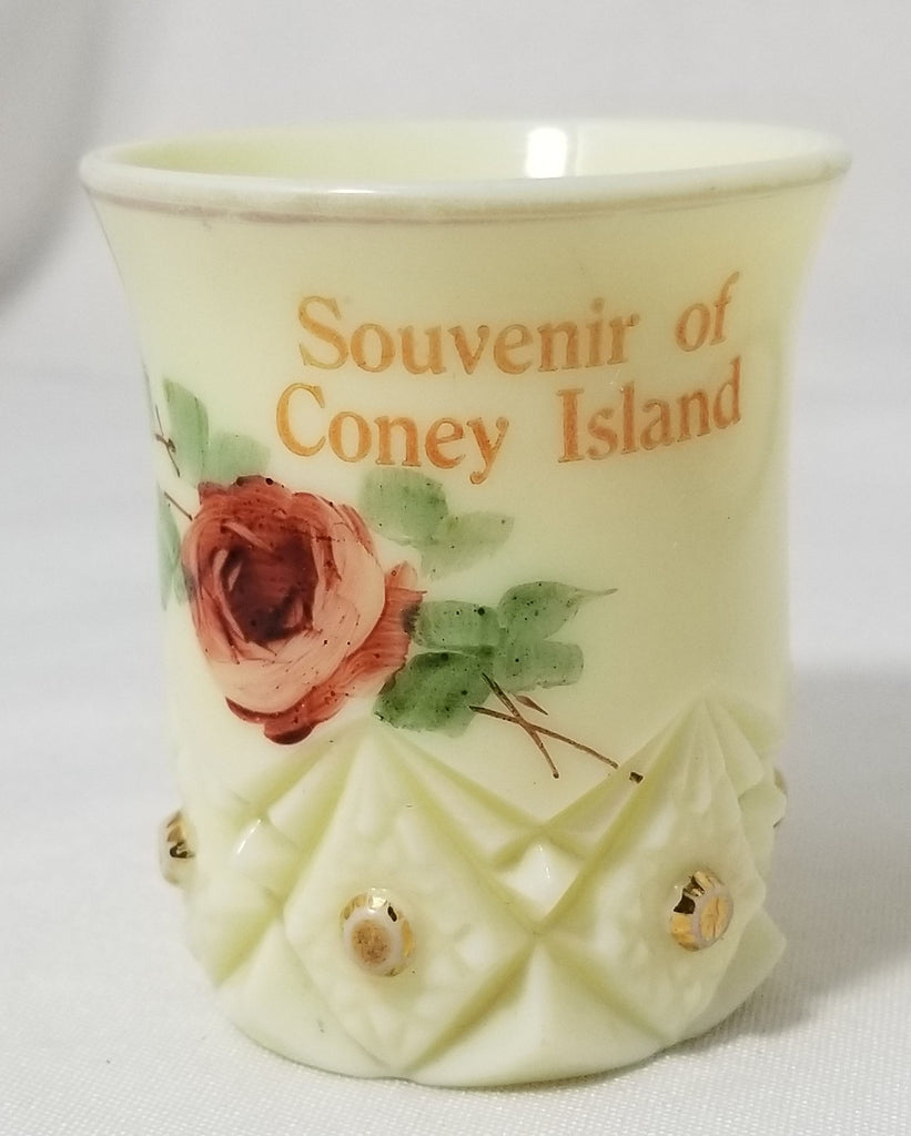 Pressed Custard Glass by Diamond Peg Hand Painted Rose Coney Island Souvenir Cup by Jefferson