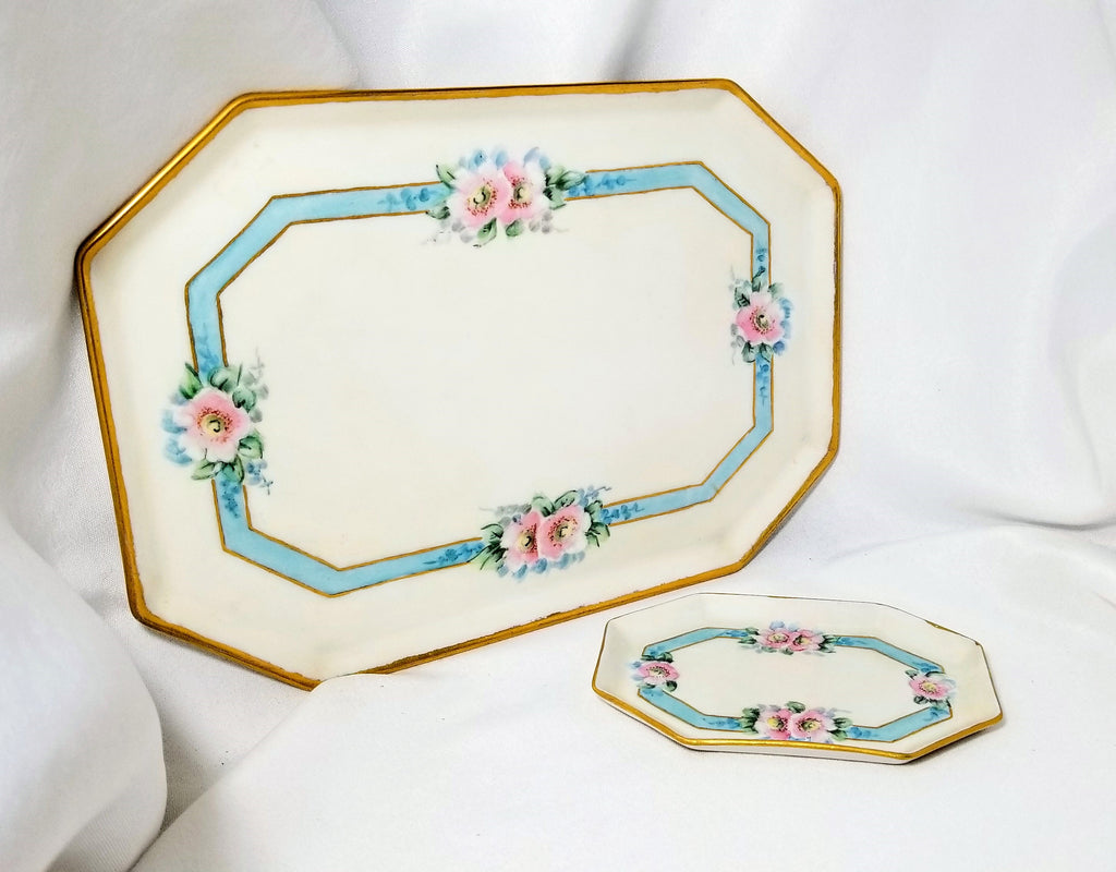 Limoges Porcelain Dresser Set Trays Wild Roses Artist Signed Hollenbach