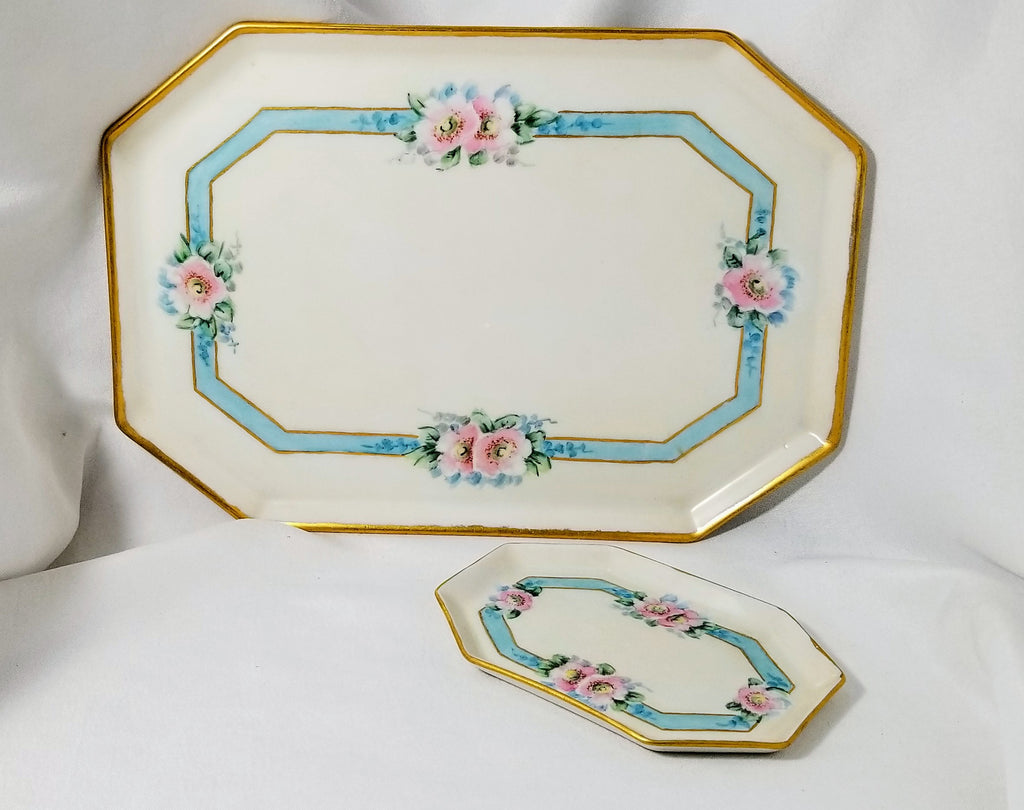 Limoges Porcelain Dresser Set Trays Wild Roses Artist Signed Hollenbach