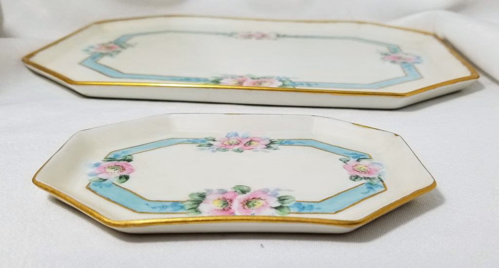 Limoges Porcelain Dresser Set Trays Wild Roses Artist Signed Hollenbach