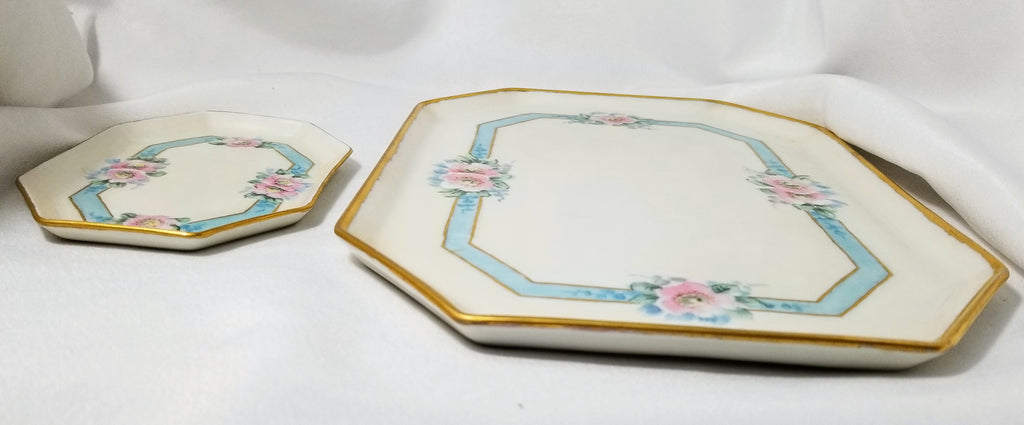 Limoges Porcelain Dresser Set Trays Wild Roses Artist Signed Hollenbach