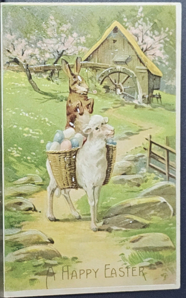 Easter Postcard Bunny Rabbit Riding a Lamb with Painted Eggs BW 313