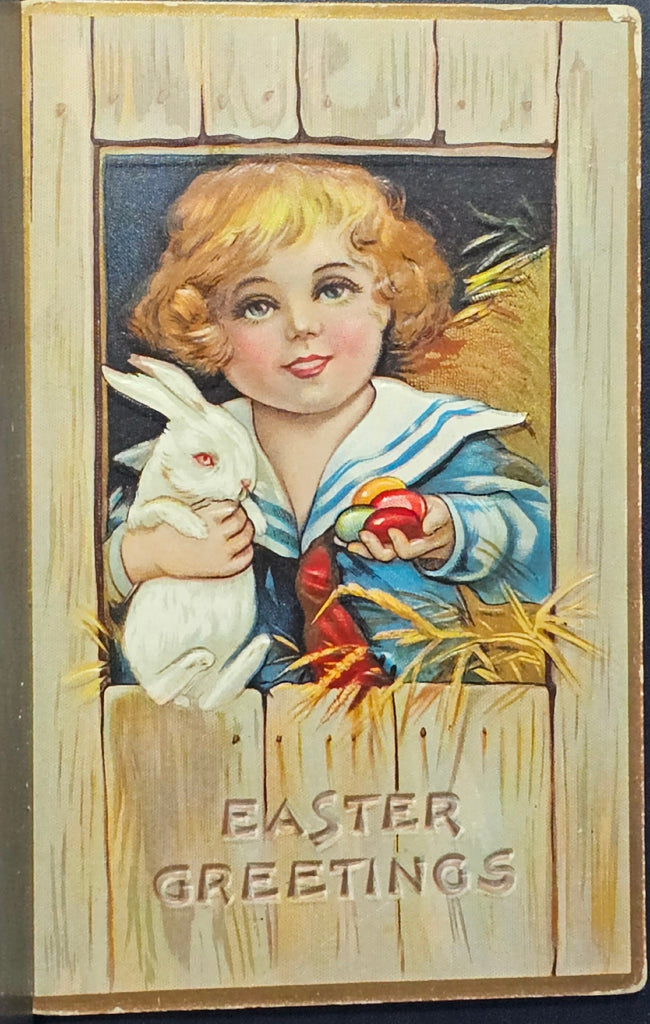 Easter Postcard Child in Sailor Suit Holding White Rabbit and Painted Eggs Series 1