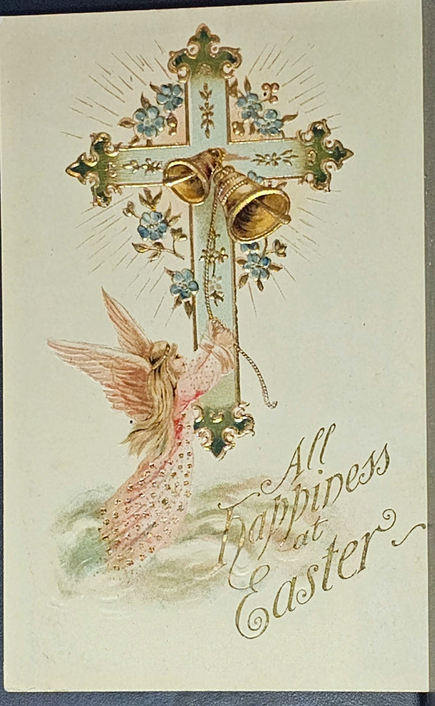 Easter Postcard Gold Embossed Angel Ringing Bells on Cross