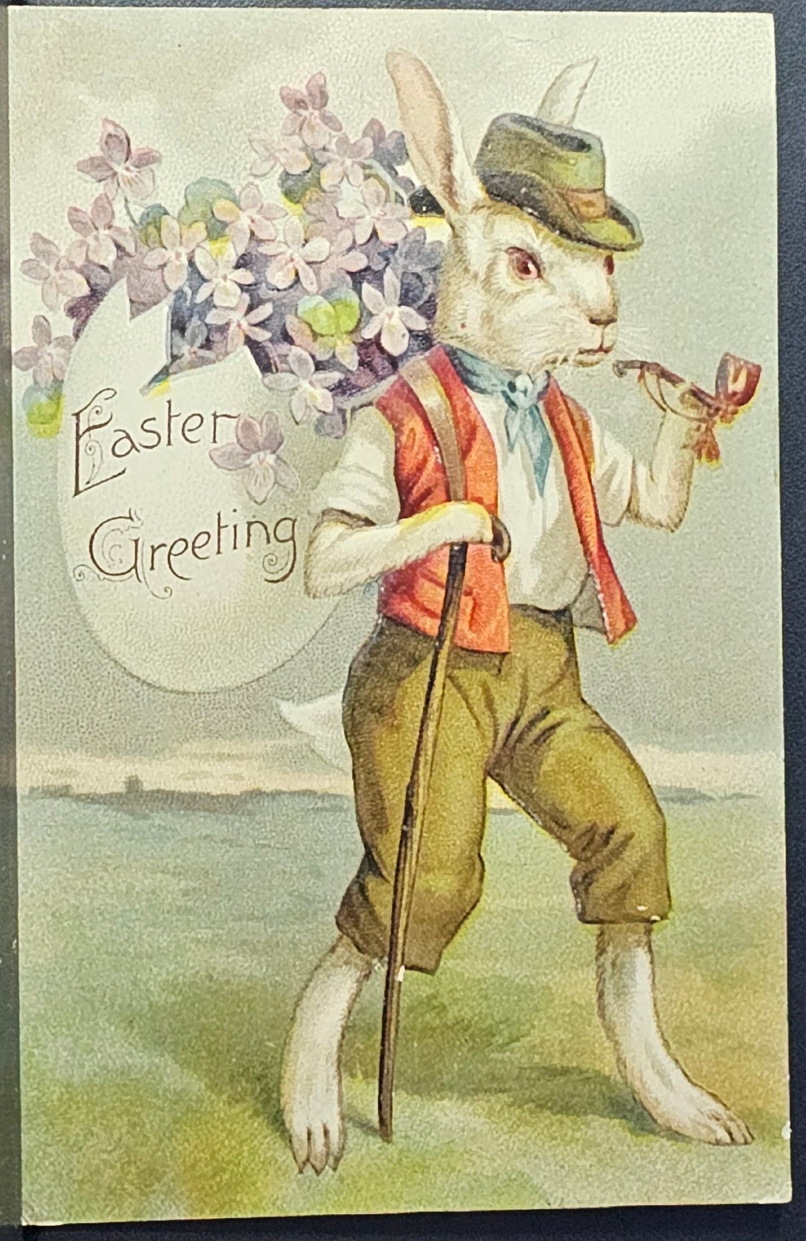 Easter Postcard Anthropomorphic Bunny Rabbit Smoking a Pipe