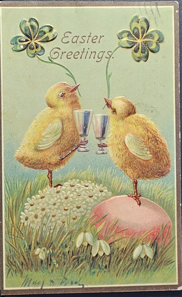 Easter Postcard Two Baby Chicks Toasting Drinks Holding Four Leaf Clovers Standing on Flower Covered Eggs