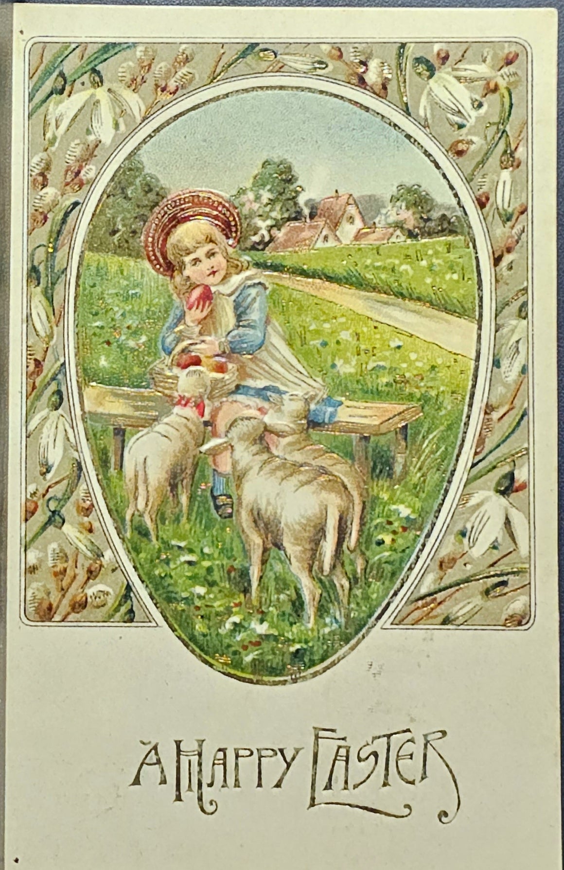 Easter Postcard  Embossed Art Nouveau with Girl with Baby Lambs