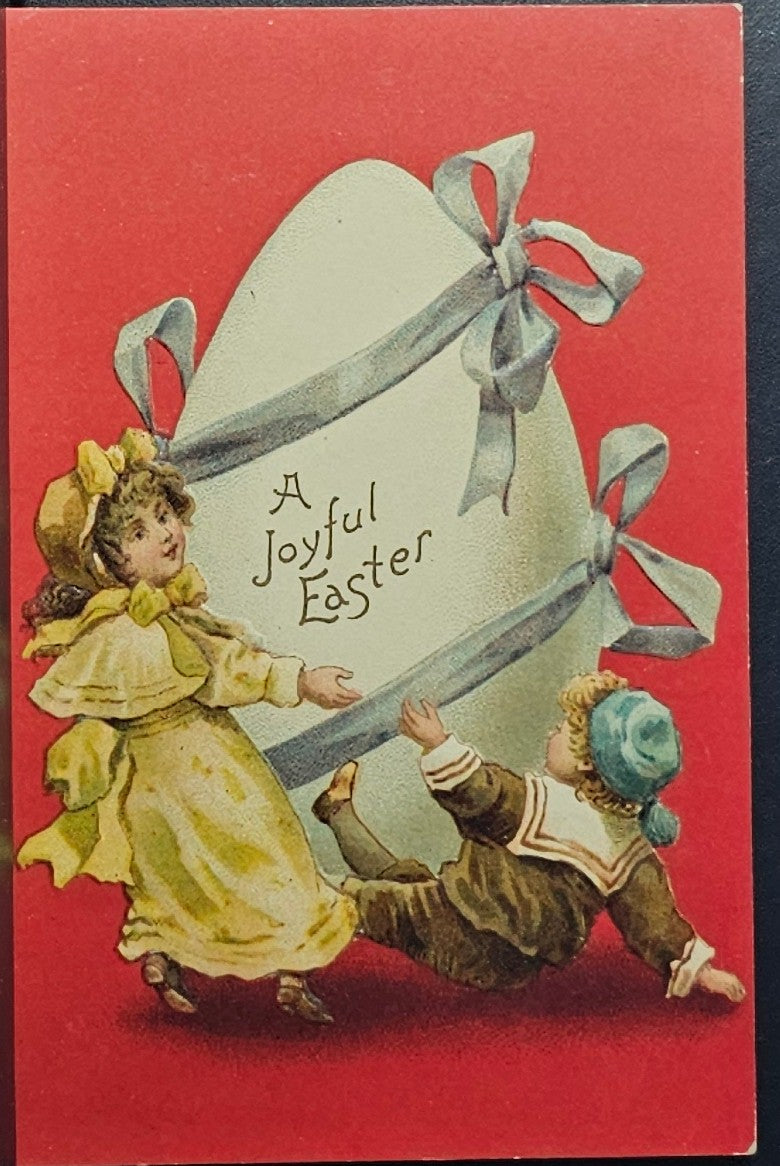 Easter Postcard German Girl and Boy Holding Giant Egg With Red Background