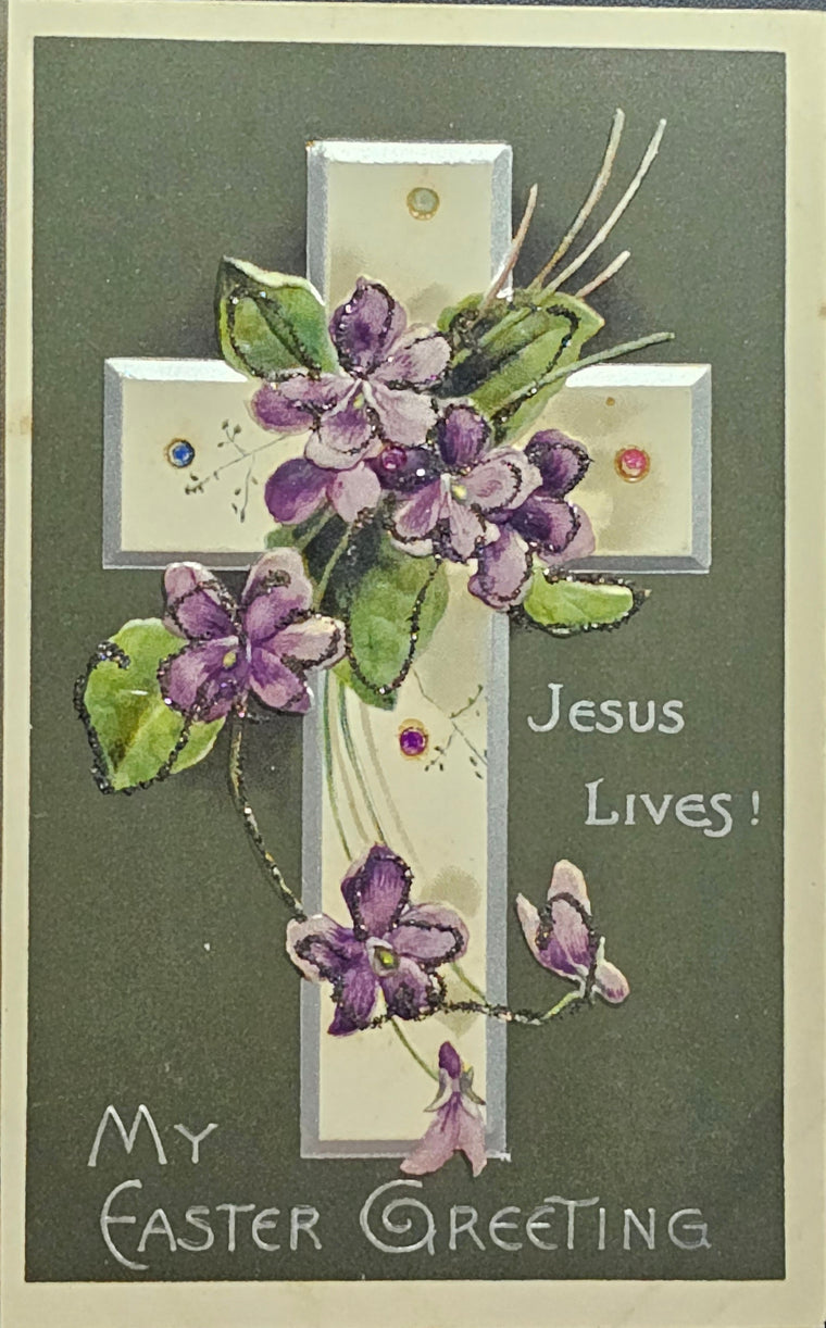 Easter Postcard Jewelled Embossed Cross With Purple Flowers