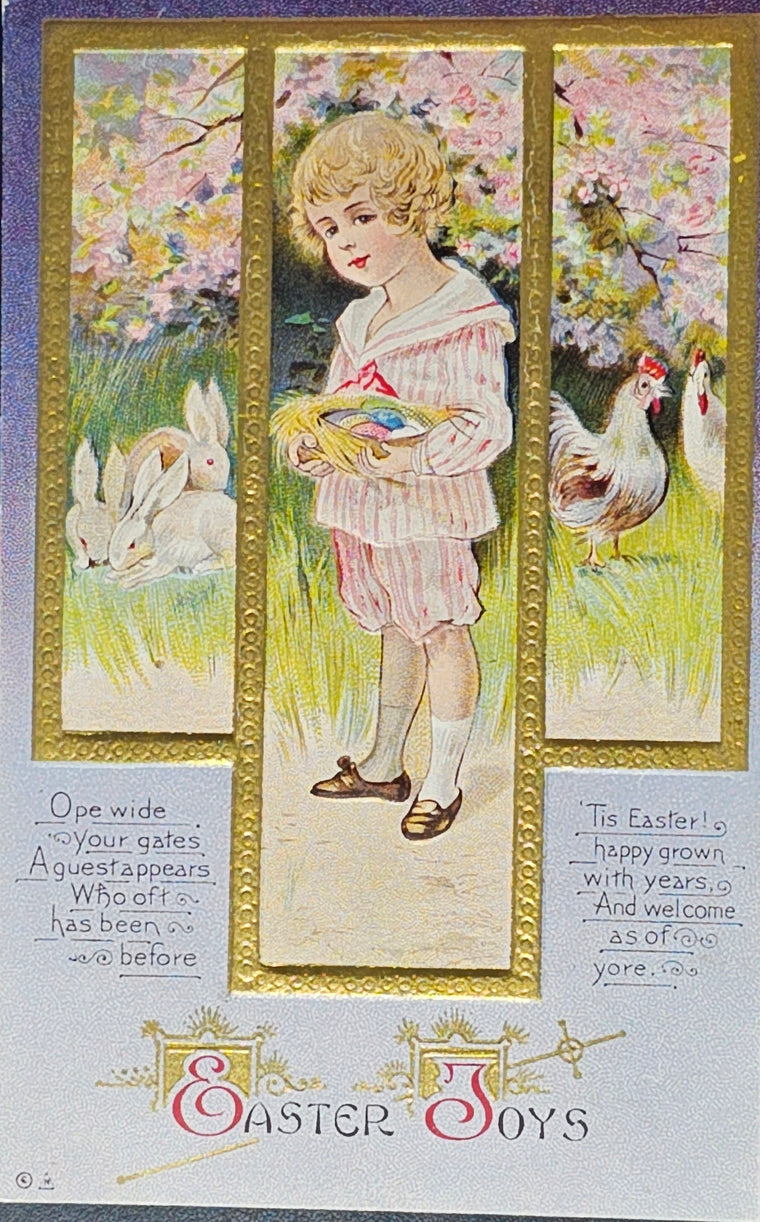 Easter Postcard Gold Embossed Series 35 Child Chickens and Bunnies