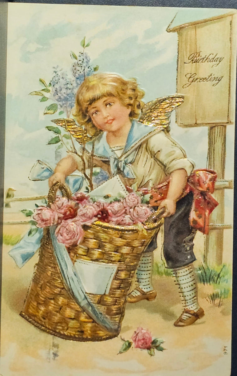 Birthday Postcard Embossed Angel Child Carrying Basket of Roses Gold Highlights