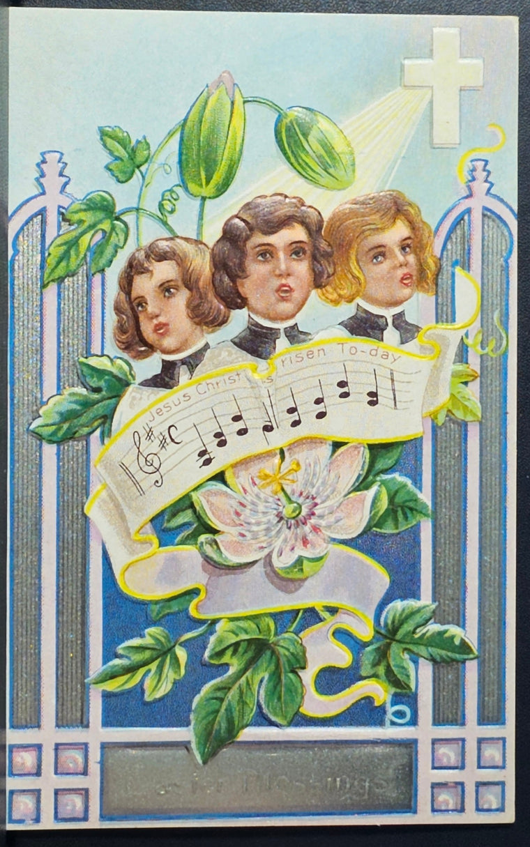 Easter Postcard Silver Embossed Choir Children Singing