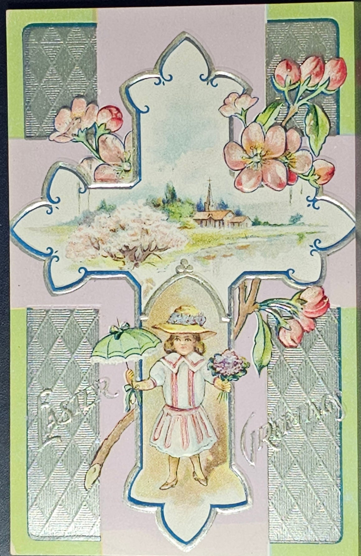 Easter Postcard Cross No 4 Series Silver Embossed With a Small Child With Umbrella