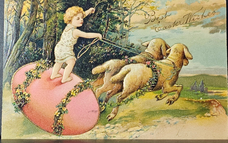 Easter Postcard  Girl On Egg Riding Lambs PFB Series No 5840 Brilliant