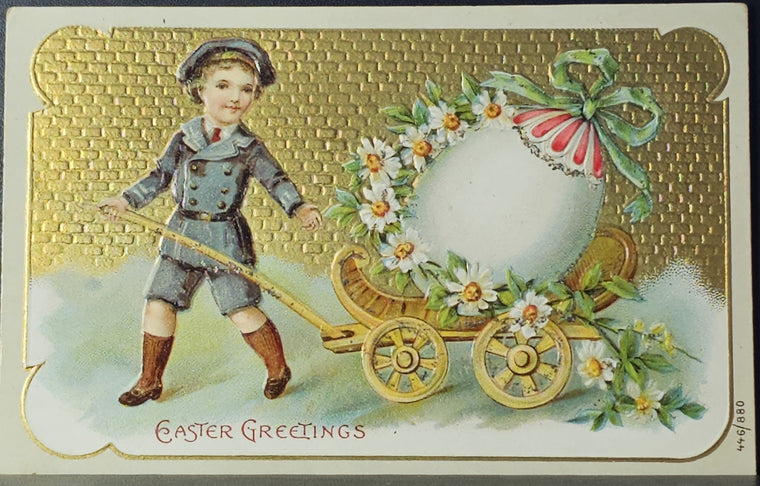 Easter Postcard  German Gold Embossed of Little Boy Pulling Cart With Egg