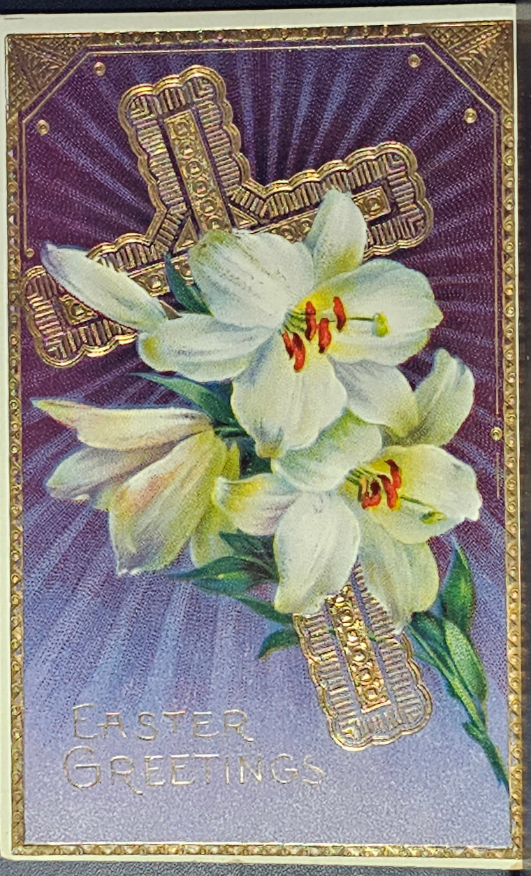 Easter Postcard Series No 4731 German Cross With Gold Highlights With Lilies and Purple Background