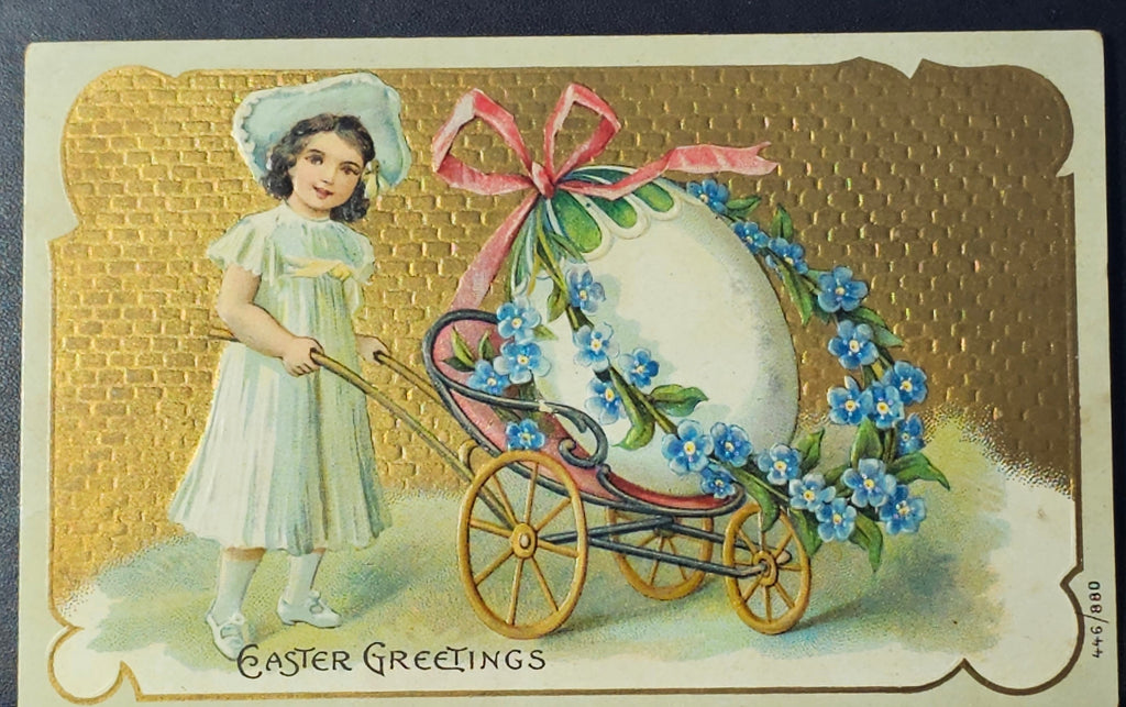 Easter Postcard Series No 880 Gold Background German Girl Pulling Carriage With Egg