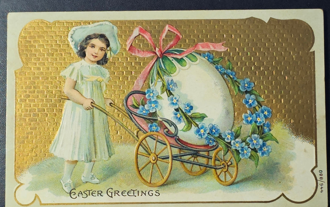 Easter Postcard Series No 880 Gold Background German Girl Pulling Carriage With Egg