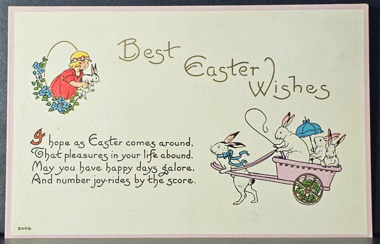 Easter Postcard Rabbit Towing Bunnies in Cart Best Wishes