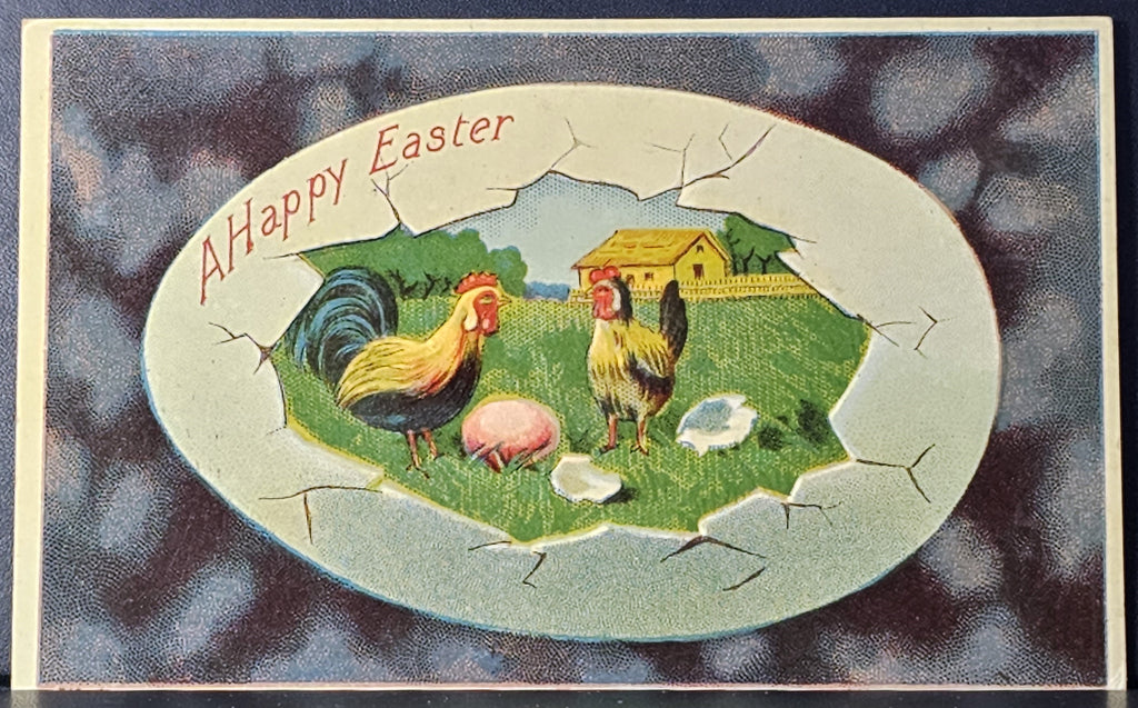 Easter Postcard Embossed Rooster and Hen with Painted Eggs Inside Cracked Egg Purple Cloud Style Background