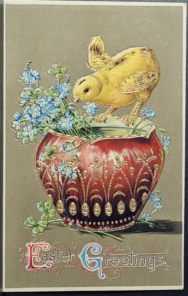 Easter Postcard Gold Embossed Card Baby Chick on Planter Filled with Posies Made in Germany