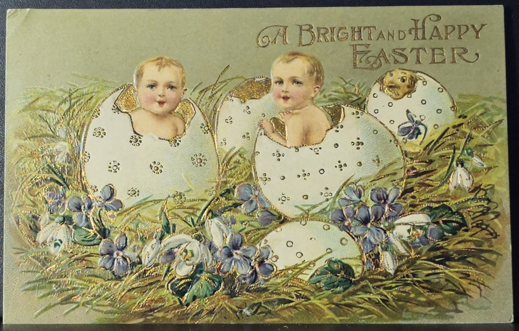 Easter Postcard Gold Embossed Card Babies & Chicks Hatching From Eggs 4326 Made in Germany