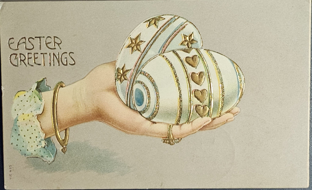 Easter Postcard Art Nouveau Style Woman's Hand Holding Decorated Egg Gold Trim Series 314